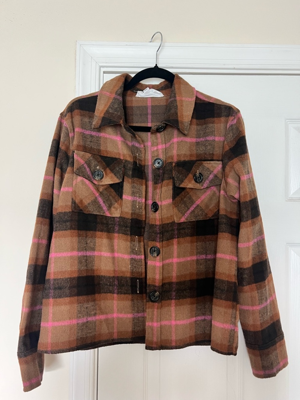 BB Dakota by Steve Madden Brown & Pink Plaid Button-Up Shacket